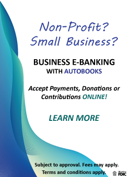 Non-Profit, Small Business, Business eBanking with AutoBooks. Accept payments, donations or contribution online.  Select graphic to learn more about AutoBooks.