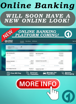 Online Banking will soon have a new online look.  Click for more info.  Teal background with a screenshot of the new online banking platform.