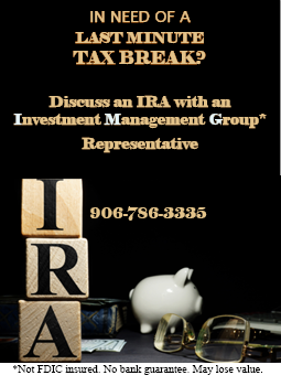 In need of a last minute tax break? Discuss an IRA with an IMG Representative 906-786-3335. Photo of building blocks that say IRA and a piggy bank