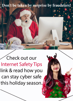 Don't be taken by surprise by fraudsters . Check out our internet security link to find out how to stay cyber safe.  Photo of Santa looking surprised.  Girl in reindeer horns pointing towards the link on the right.