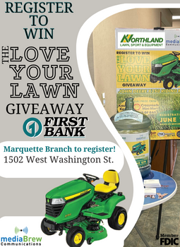 Photo of a lawn tractor.  Register to win , love your lawn, giveaway.  Register at our Marquette branch.