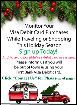 Monitor your Visa debit card purchases while traveling or shopping this holiday season. Sign up today!  Graphic of red truck with Christmas tree in the back pulling a camper.